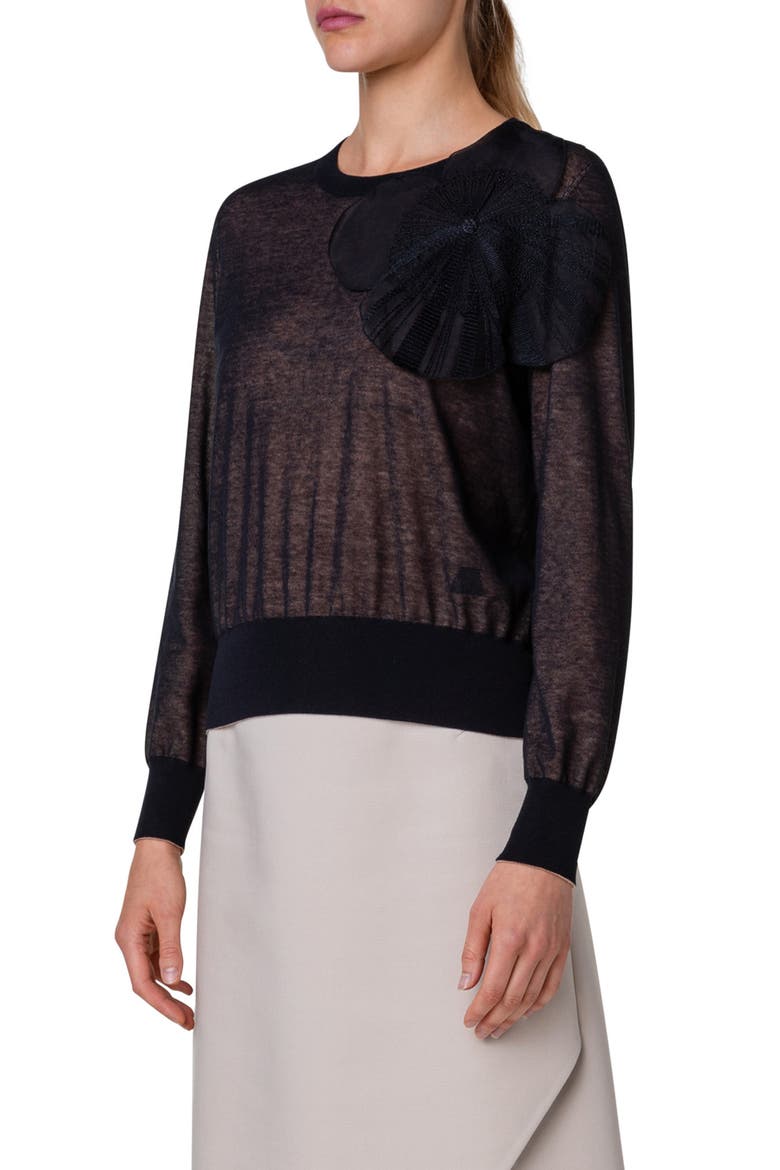 Poppy Appliqué Cotton Blend Crewneck Sweater, Alternate, color, BLACK