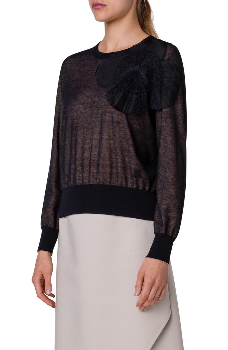 Akris Poppy Appliqué Cotton Blend Crewneck Sweater, Alternate, color, 