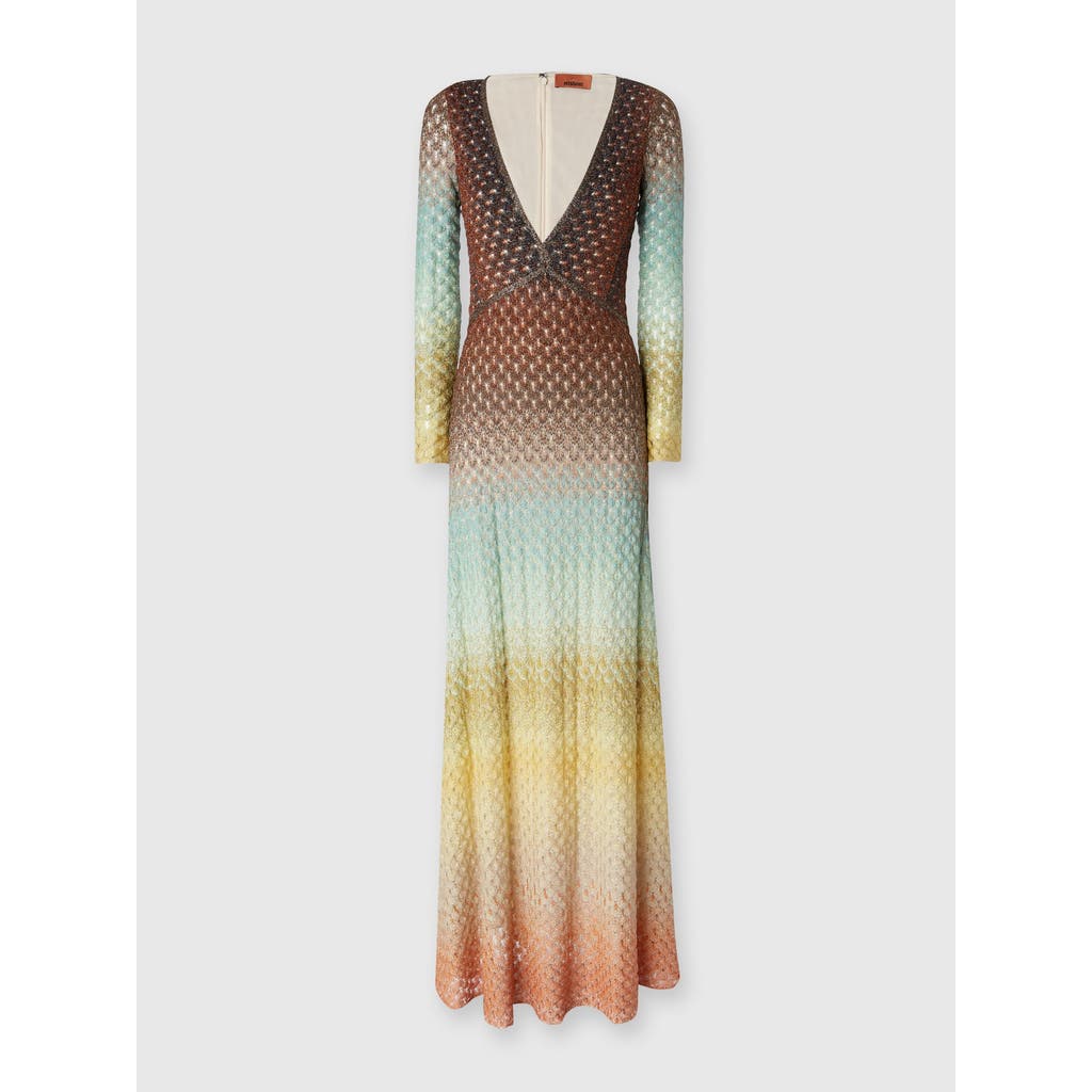 Missoni Plunging Metallic Ombre Knit Long-sleeve Maxi Dress In Multicoloured