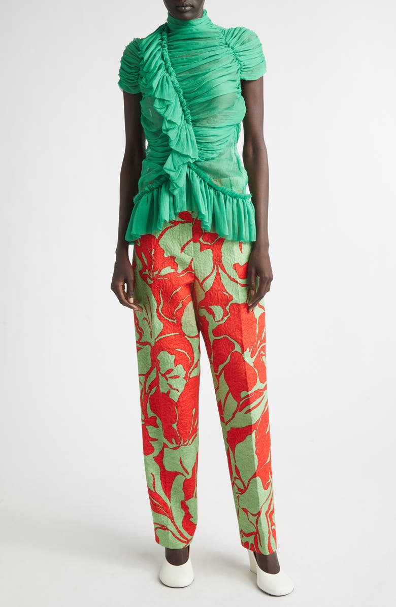 Dries Van Noten Washed Mousseline Silk Ruffle Top, Alternate, color, Green