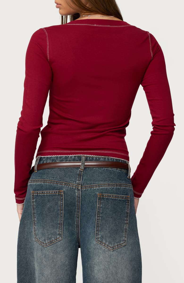 EDIKTED Yael Contrast Stitch Henley, Alternate, color, Burgundy
