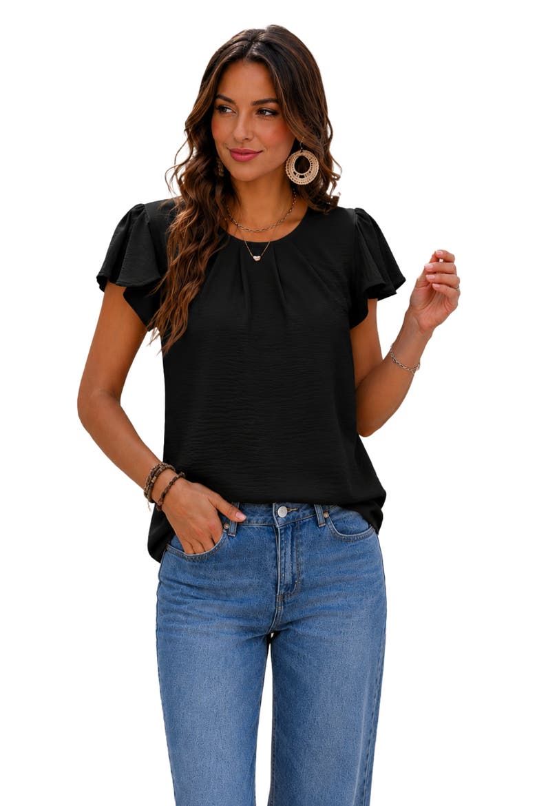 Lightweight Pleated Flutter Sleeve Chiffon Blouse, Main, color, Black