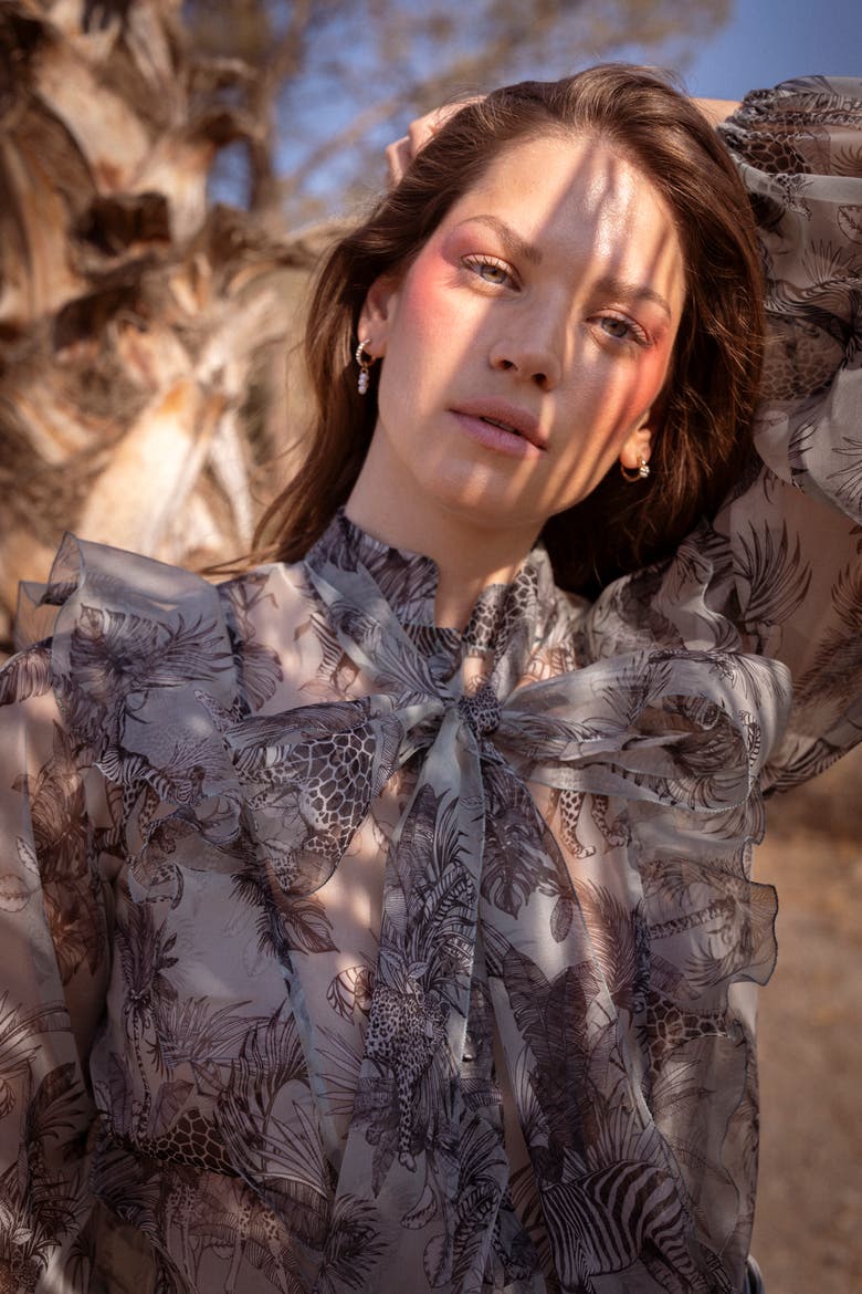 Printed Organza Blouse With Ruffles, Alternate, color, Mint