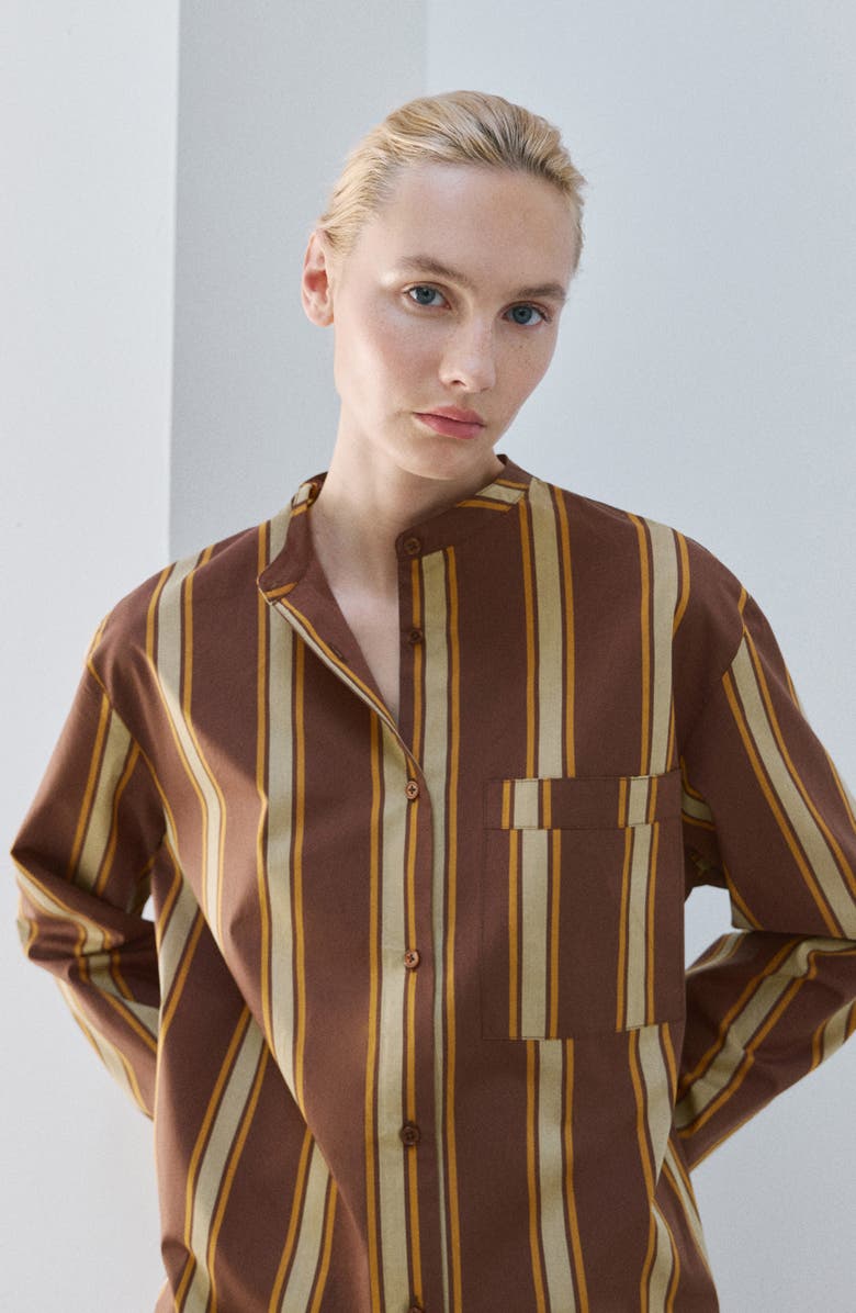 MANGO Stripe Long Sleeve Cotton Nightgown, Alternate, color, Brown