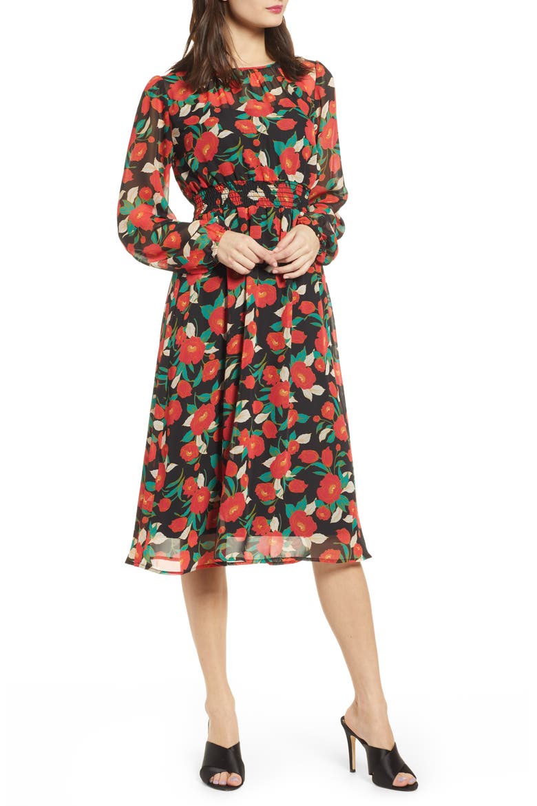 Long Sleeve Chiffon Dress, Main, color, BLACK DOLCE FLORAL