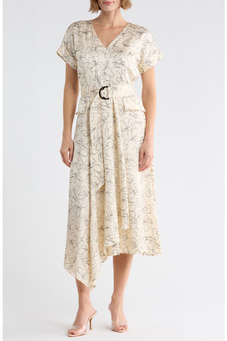 Floral Short Sleeve Satin Midi Dress, Main, color, BISQUE/ BLACK