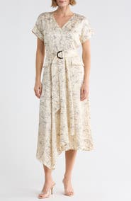 KARL LAGERFELD PARIS Floral Short Sleeve Satin Midi Dress
