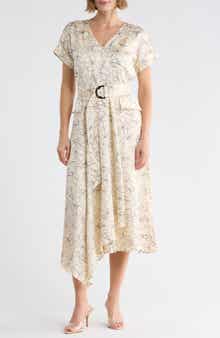 Floral Short Sleeve Satin Midi Dress