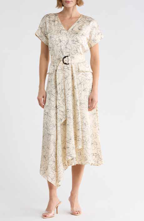Floral Short Sleeve Satin Midi Dress