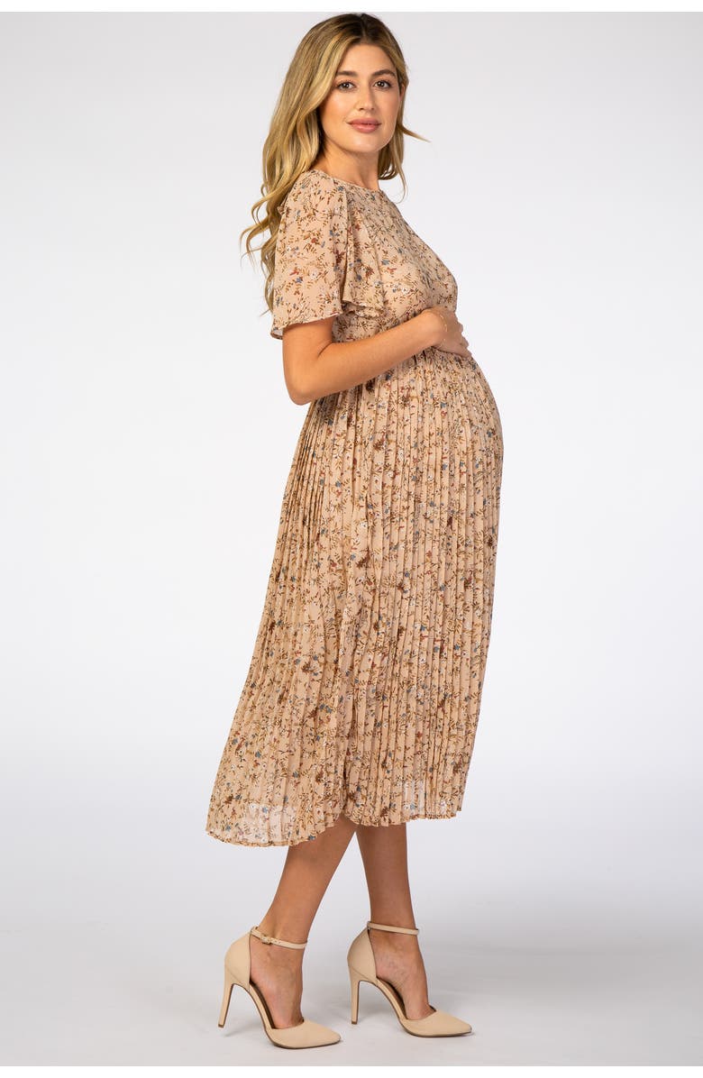 PinkBlush Floral Pleated Chiffon Midi Dress, Alternate, color, Beige