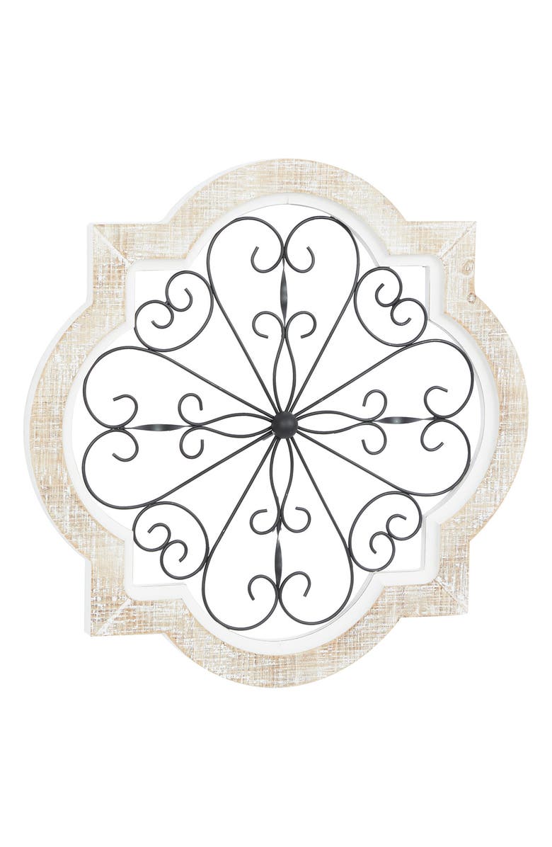 WILLOW ROW White Wood Scroll Wall Decor with Metal Scroll Work, Main, color,