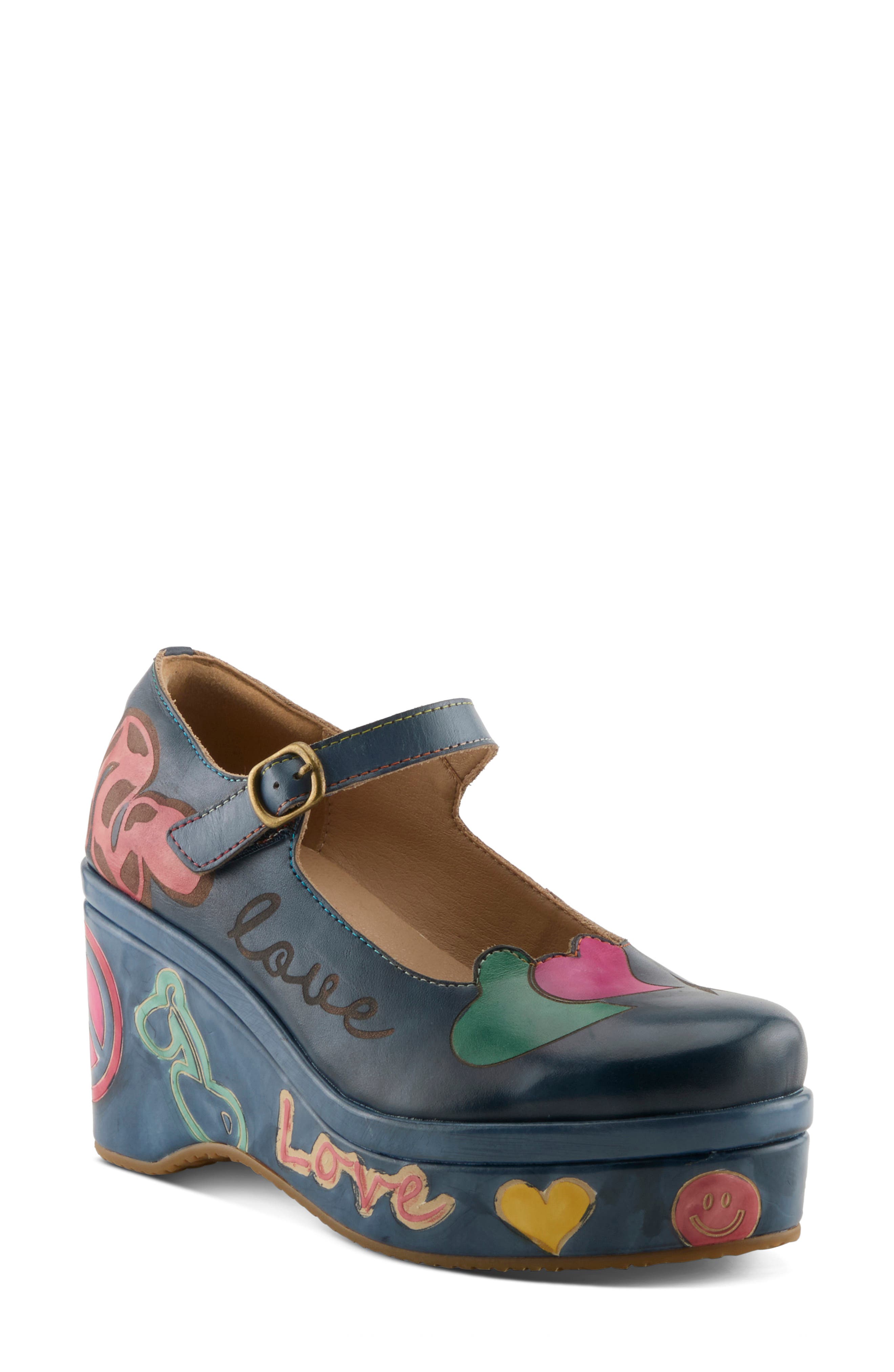 Peacenluv Mary Jane Wedge Pump, Main, color, NAVY MULTI