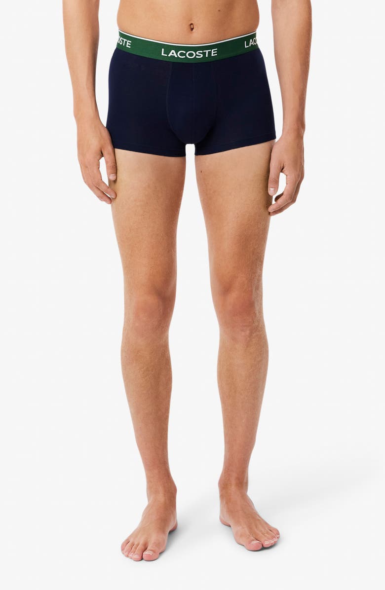 Lacoste Core Essentials Assorted 3-Pack Stretch Cotton Boxer Briefs, Alternate, color, Navy Blue/ Green-Red-Navy