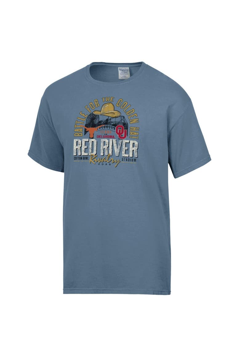 Men's ComfortWash Blue Texas Longhorns vs. Oklahoma Sooners Red River Rivalry Battle For The Golden Hat Matchup T-Shirt, Alternate, color, Blue