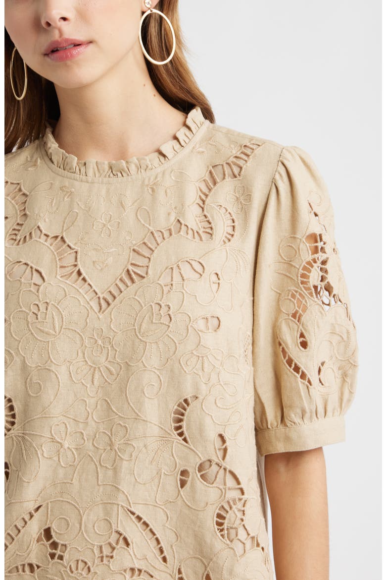 Embroidered Cutwork Puff Sleeve Linen Blend Top, Alternate, color, BEIGE HUMUS