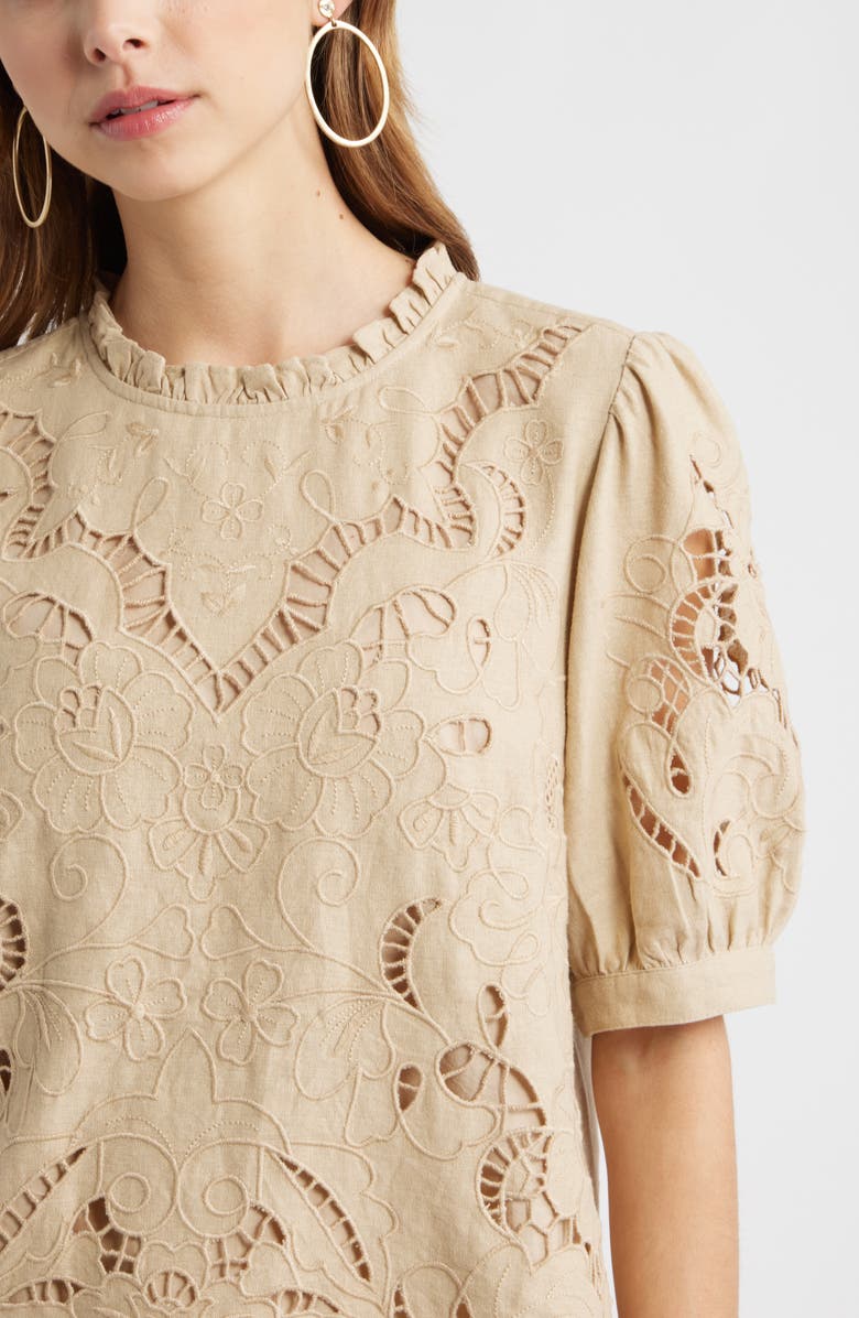 Treasure & Bond Embroidered Cutwork Puff Sleeve Linen Blend Top, Alternate, color, Beige Humus