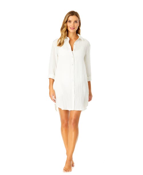 Anne Cole Long Sleeve Button Up Cover Up In Gardenia