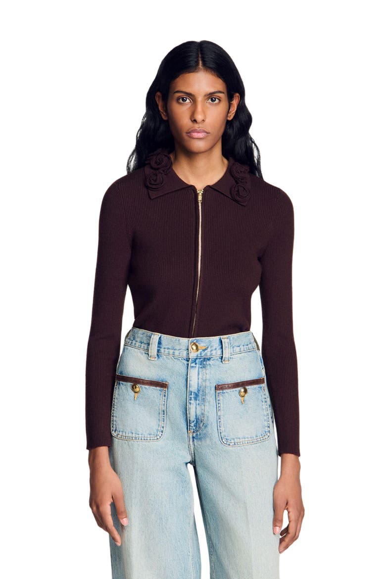 Cardigan with floral collar, Main, color, Brown