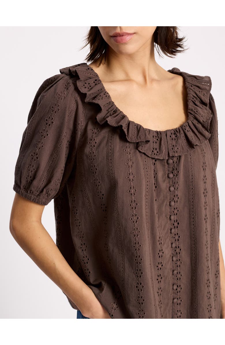 Albaray Ruffle Neck Button-Front Blouse, Alternate, color, Brown