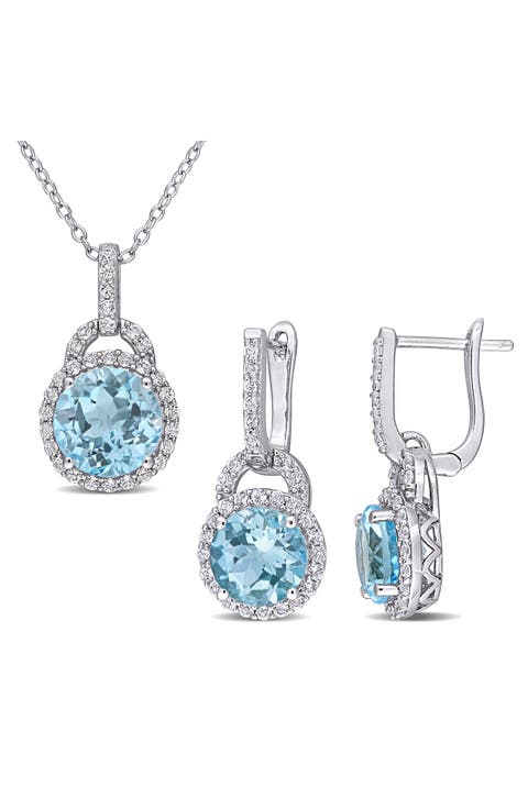 Blue Topaz & White Topaz Drop Earrings & Necklace Set