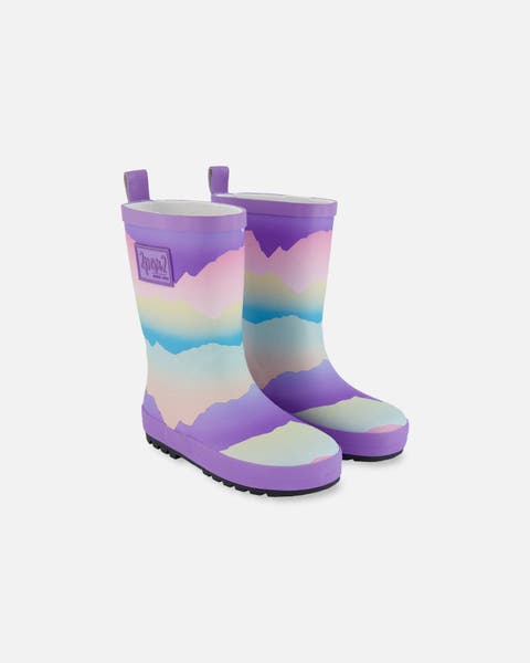 Girl's Printed Rain Boots Mauve And Blue, Pink Mountain
