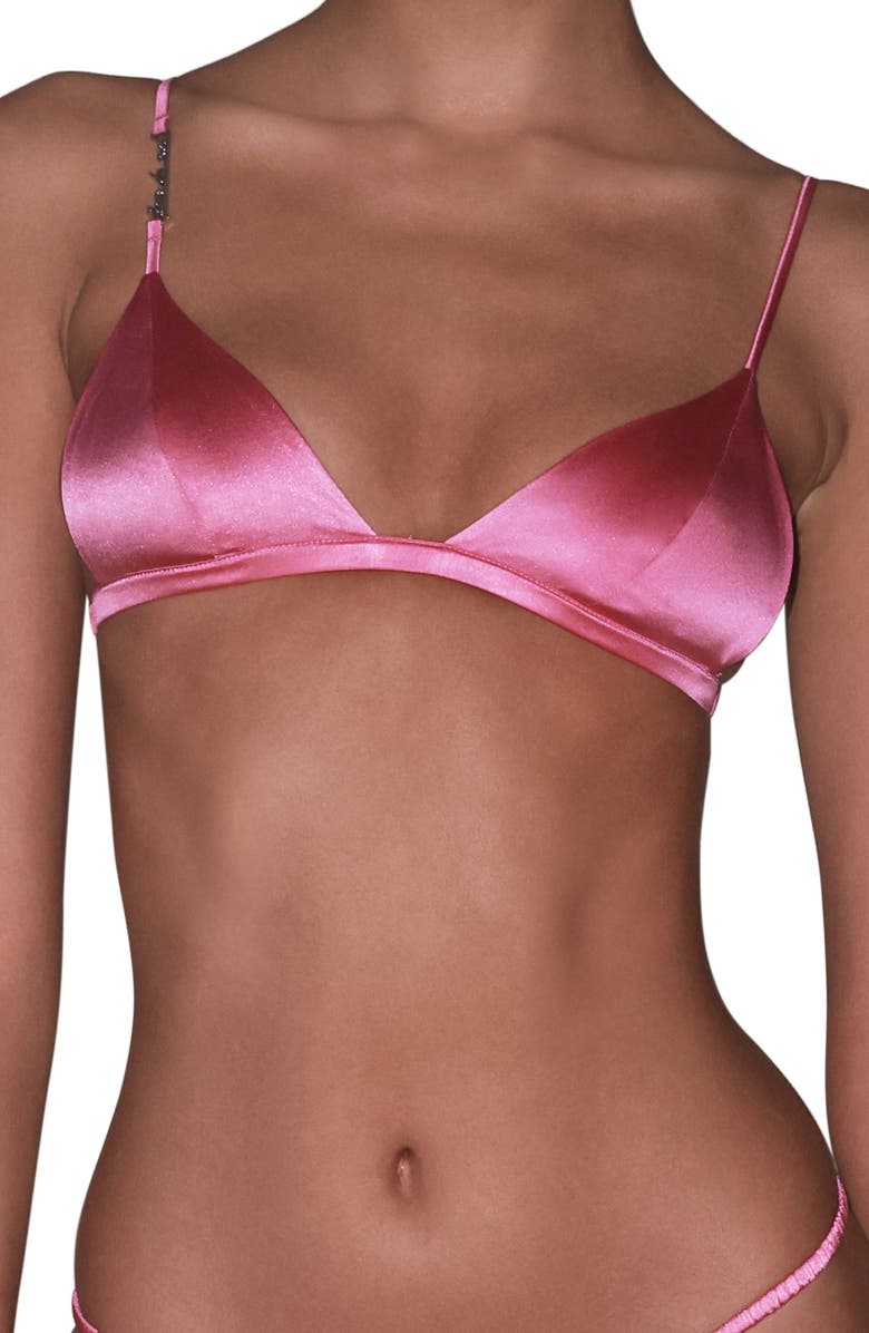 Fleur Du Mal Logo Luxe Wireless Silk Blend Triangle Bra, Main, color, Pink Cadillac