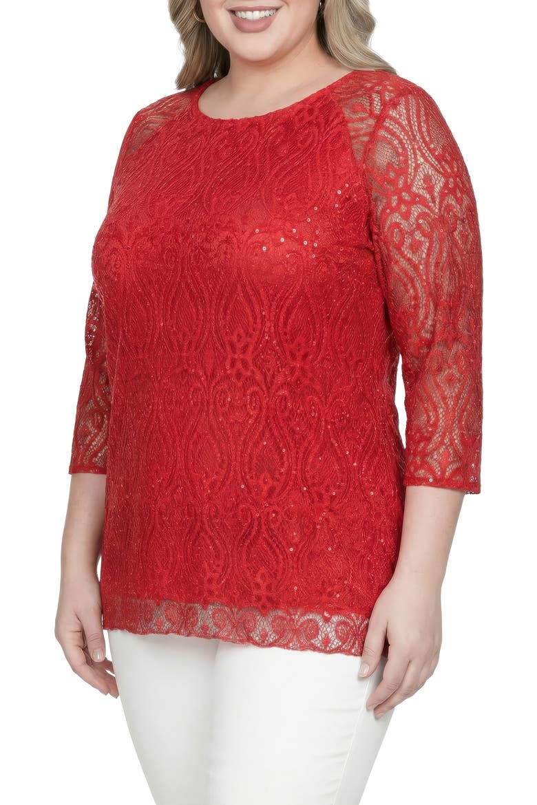 Sequin Lace Tunic Top, Alternate, color, RED