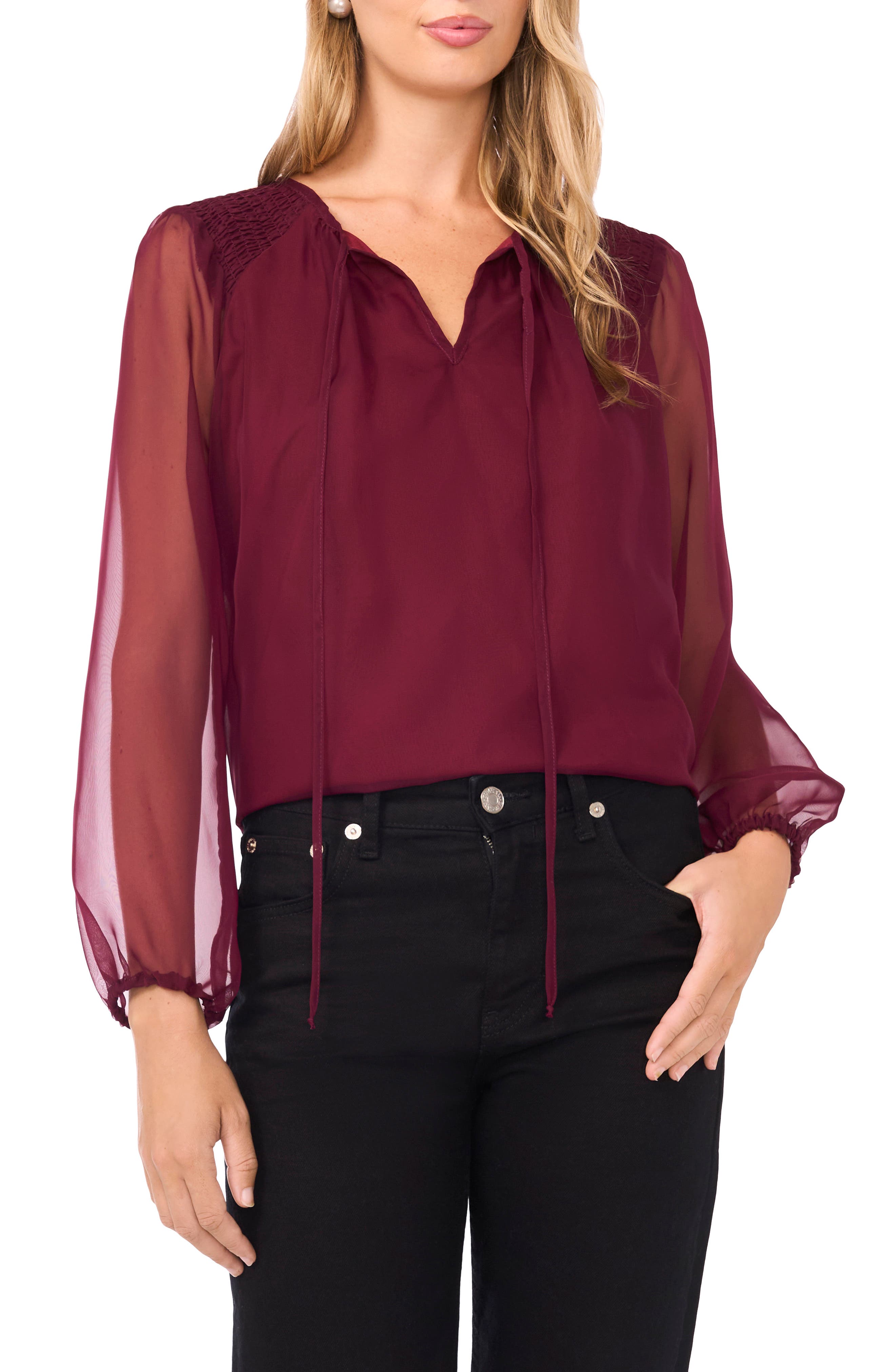 Sheer Sleeve Tie Neck Top