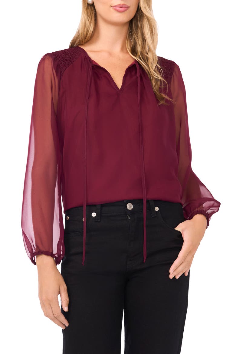 Sheer Sleeve Tie Neck Top, Main, color, BOYSENBERRY