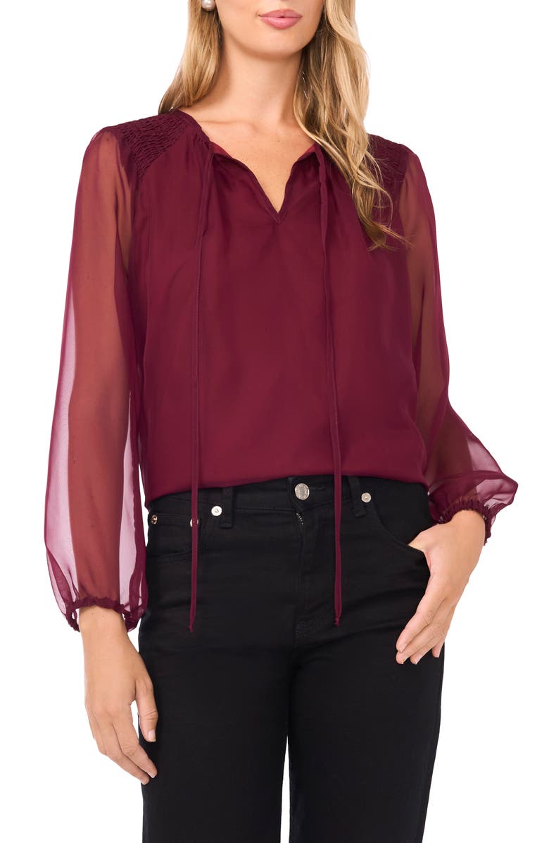 Vince Camuto Sheer Sleeve Tie Neck Top, Main, color, Boysenberry