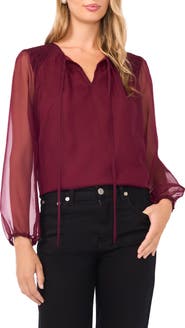 Vince Camuto Sheer Sleeve Tie Neck Top