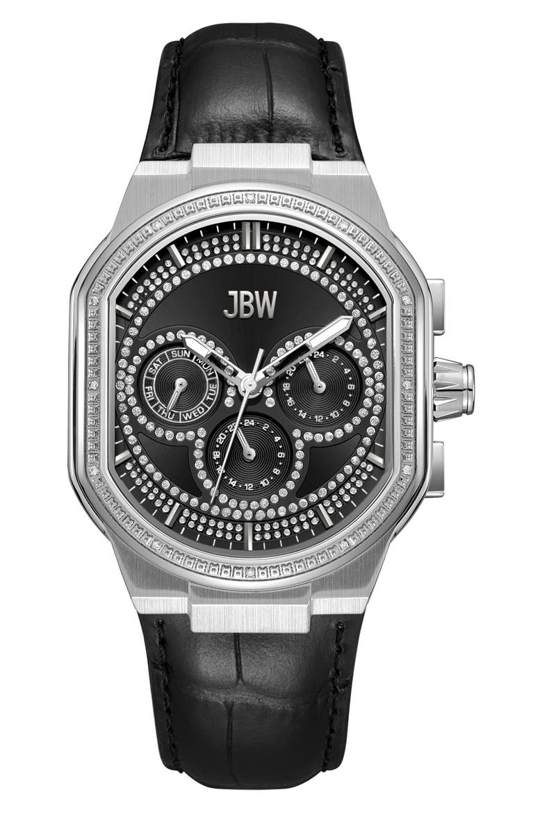 Orion Diamond Leather Strap Watch, 39mm, Main, color, STAINLESS STEEL/BLACK