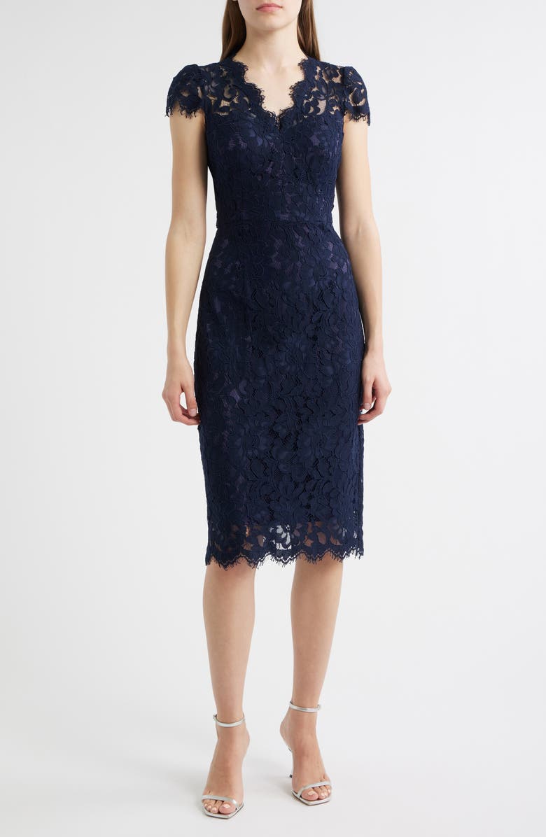 Eliza J Lace Sheath Dress, Main, color, Navy