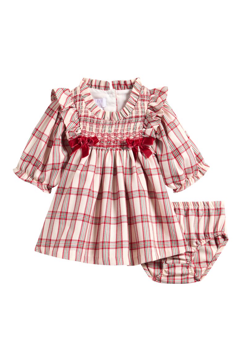 Plaid Smocked Dress & Bloomers Set, Main, color, RED