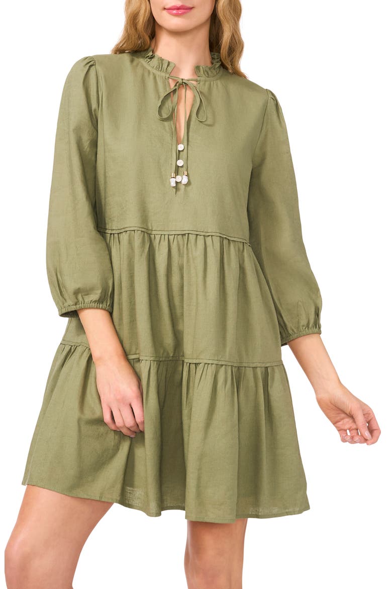 Long Sleeve Tiered Linen Blend Dress, Alternate, color, OLIVE SKY