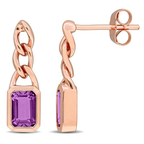 Gemstone Octagon Link Drop Earrings 10K