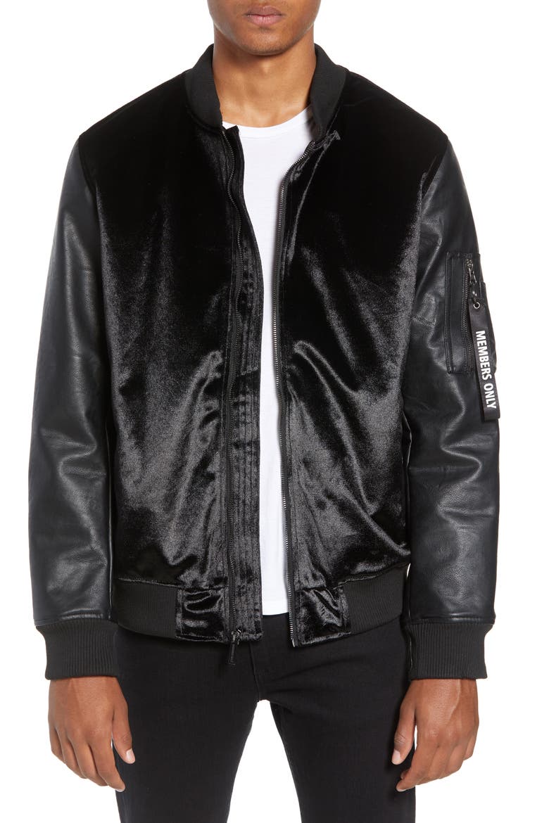 Velvet Bomber Jacket with Faux Leather Sleeves, Main, color, BLACK