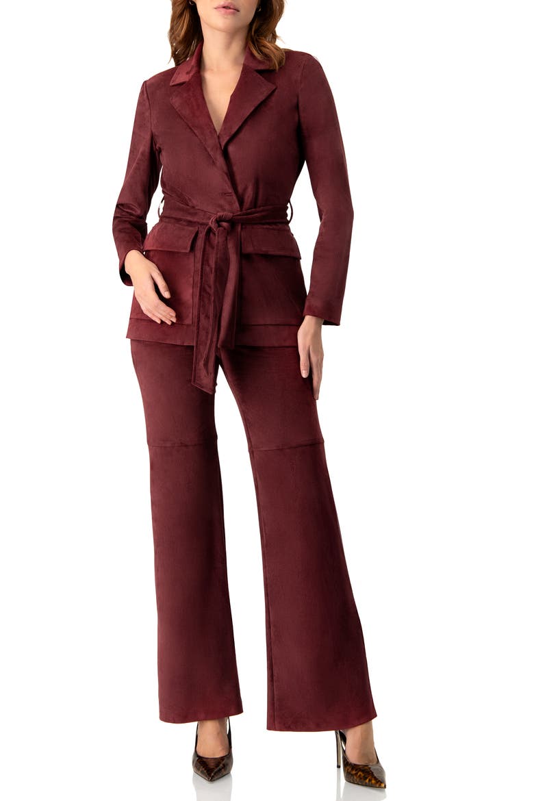 Faux-Suede Blazer with Waist Tie, Alternate, color, Wine