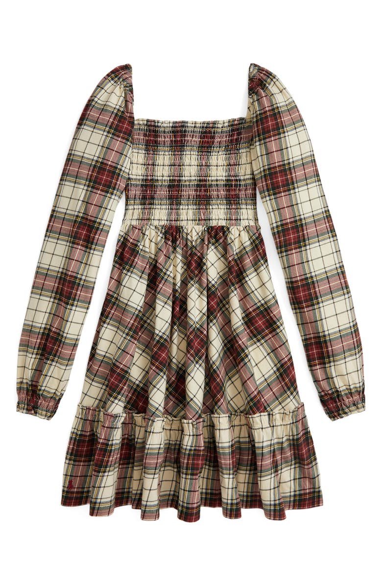 Polo Ralph Lauren Kids' Plaid Long Sleeve Cotton Dress, Main, color, Cream Stewart Tartan