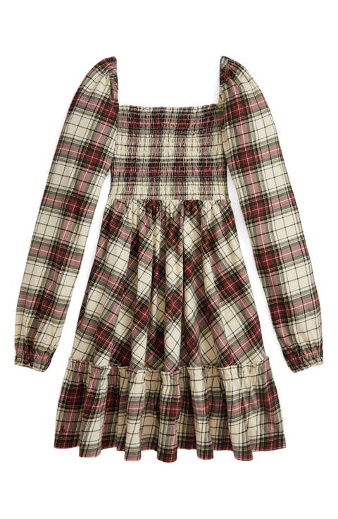 Kids' Plaid Long Sleeve Cotton Dress (Big Kid)