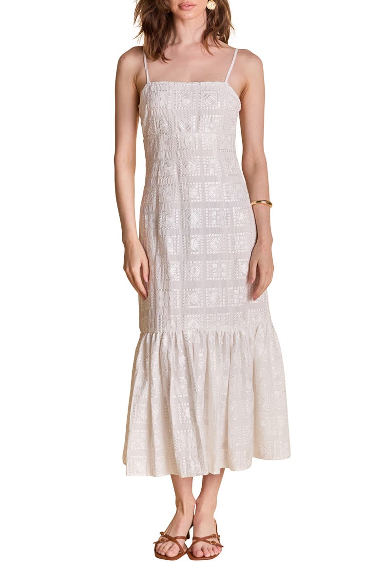 Embroidered Sequin Sleeveless Ruffle Hem Maxi Dress, Main, color, WHITE