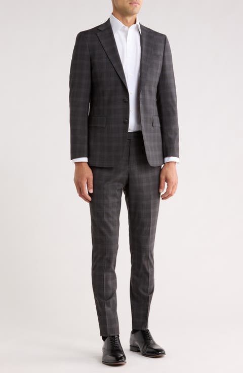 Grey Plaid Notch Lapel Wool Blend Suit (Short, Regular, Long & Big)