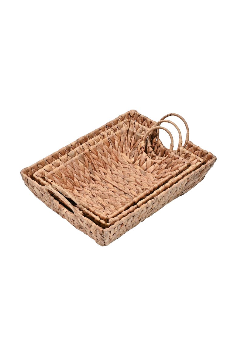 Rowan Bohemian Cottage Handwoven Hyacinth Rectangular Decorative Basket Trays with Handles,, Alternate, color, Natural