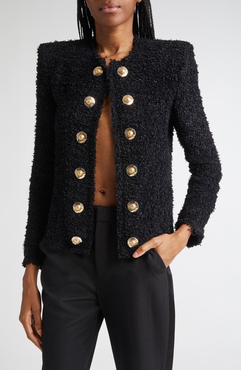Balmain Tweed Spencer Jacket, Main, color, Black
