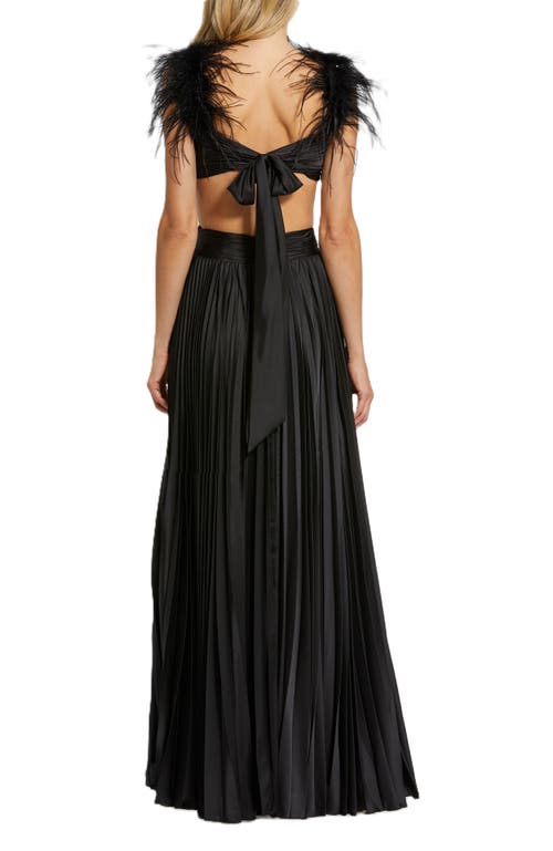 Mac Duggal Feather Detail Cutout Pleated Gown In Black