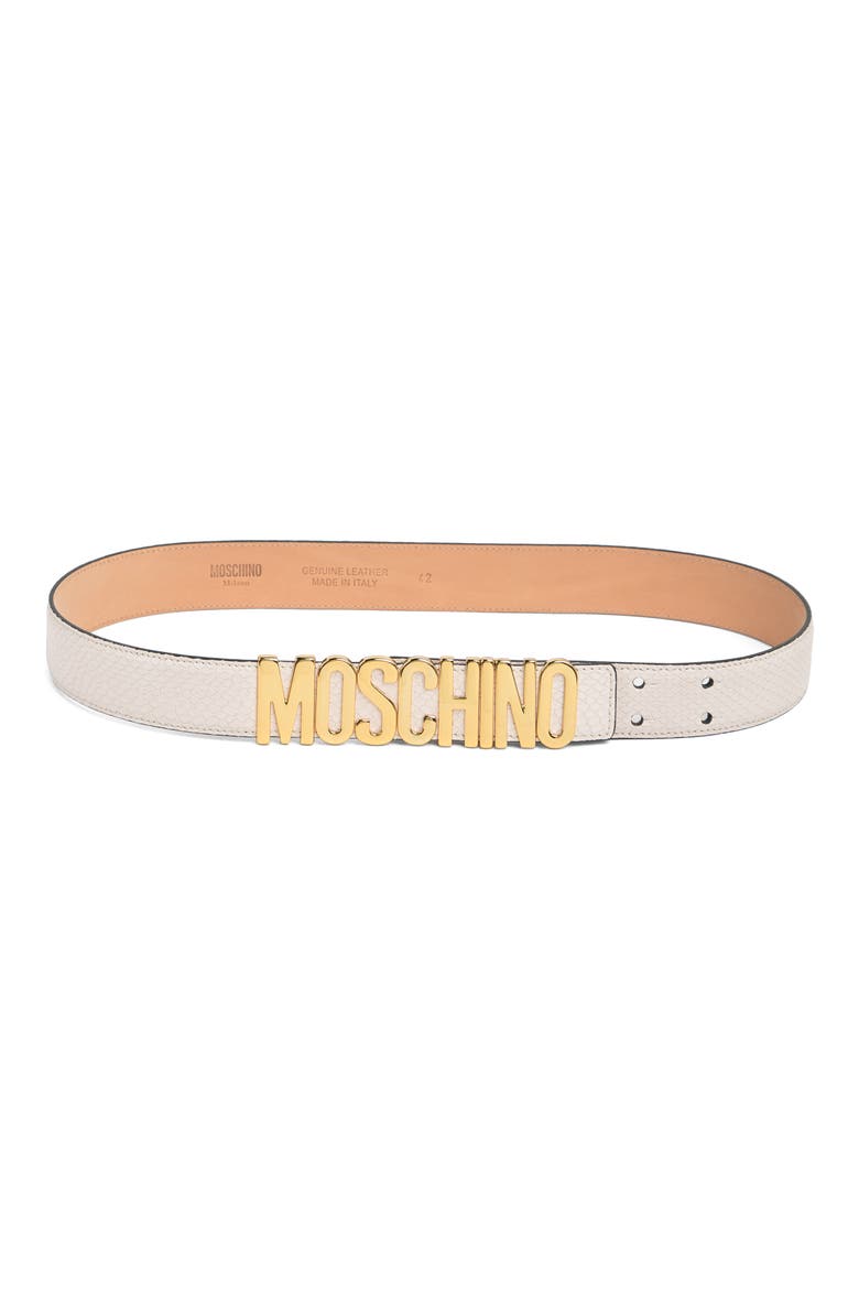 Snake Embossed Leather Gold-Tone Logo Belt, Main, color, WHITE