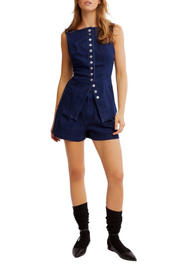 Free People Salone Denim Vest & Shorts Set In Blue
