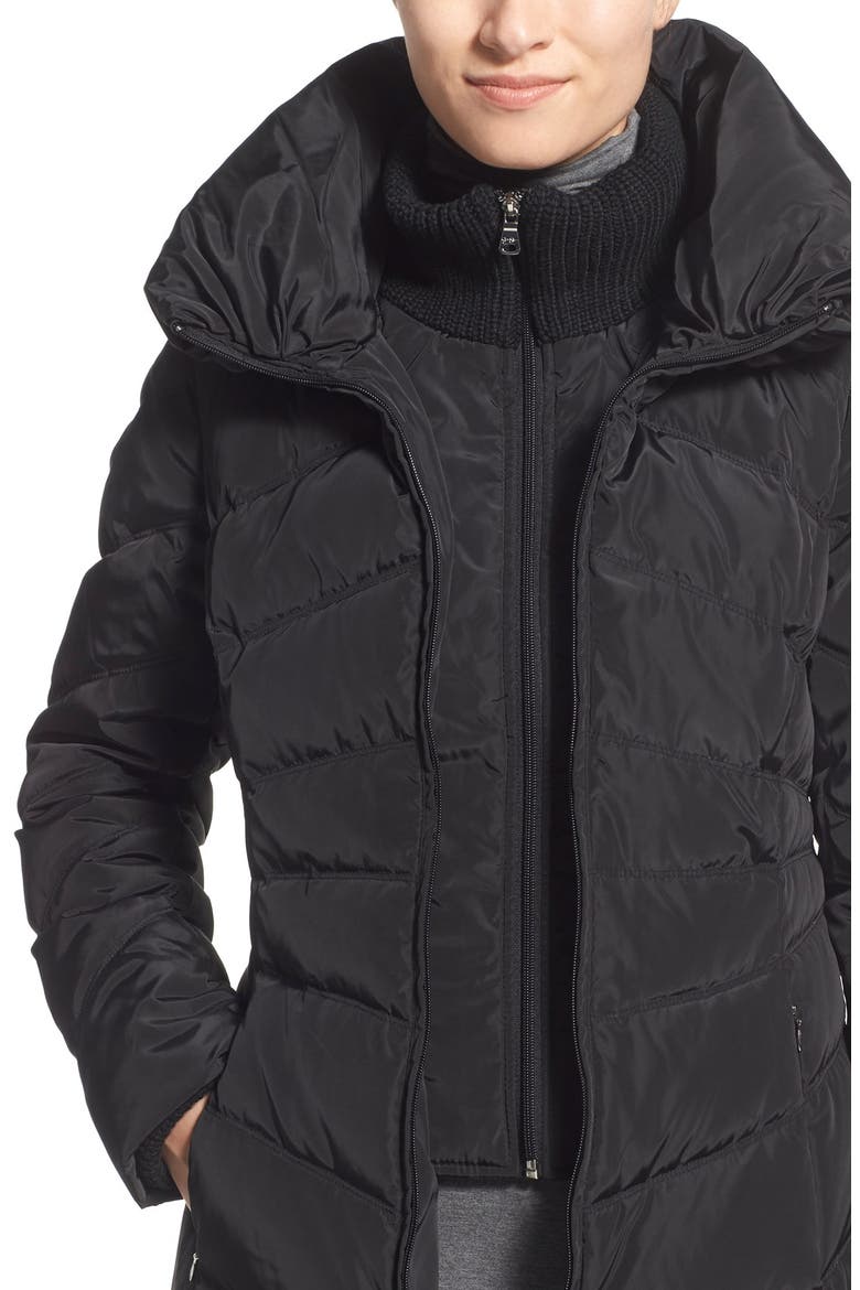 Knit Trim Down & Feather Fill Coat, Alternate, color, BLACK