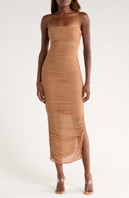 House Of Cb Fornarina Ruched Mesh Maxi Dress In Brown