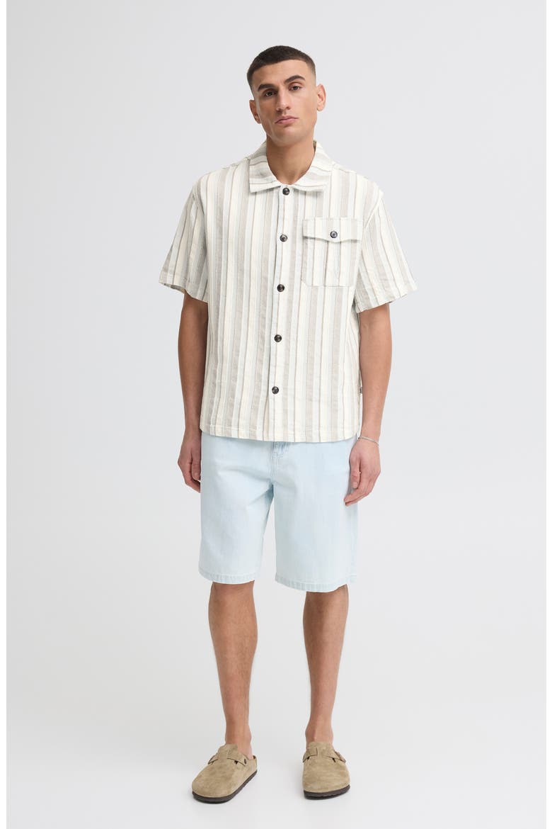 Umber Stripe Short Sleeve Linen Blend Button-Up Shirt, Alternate, color, SKYWAY